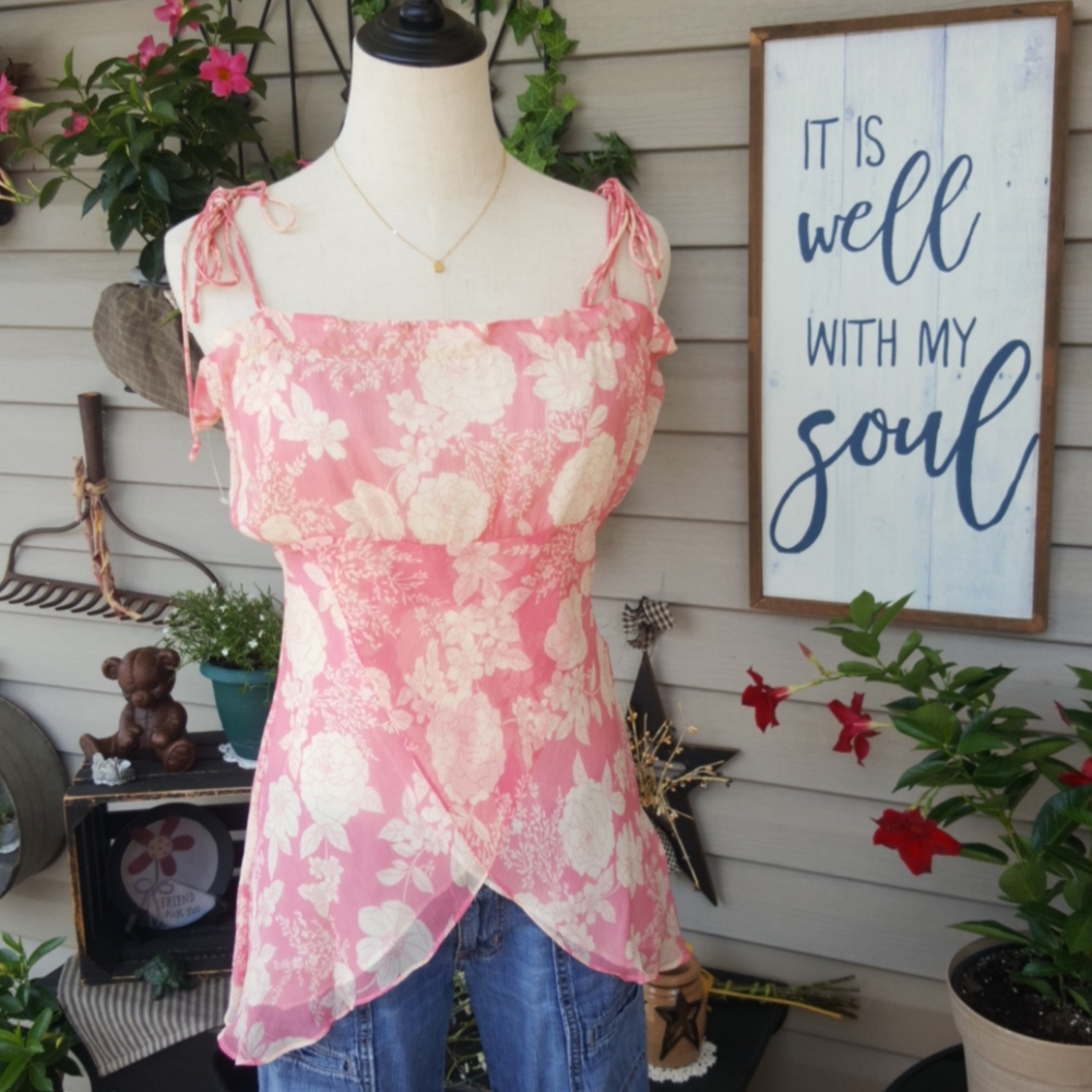 JOIE ♡ Vintage Elegant Silk Pink 'n Cream Floral Gathered Flared Peplum Top M